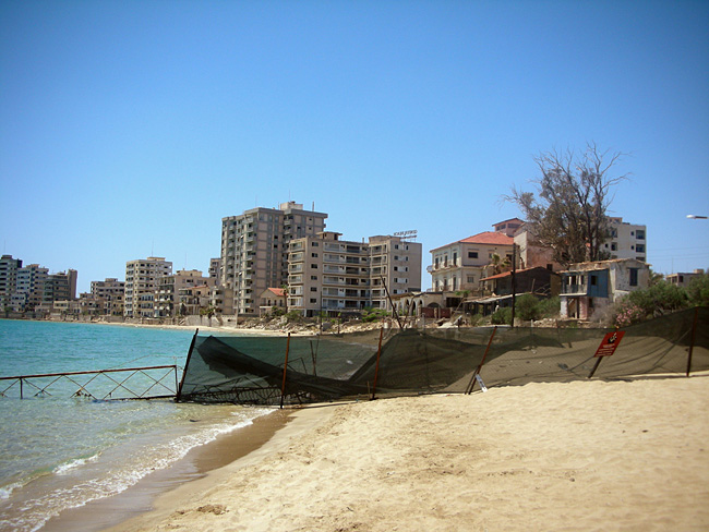 View of the abandoned ghost town from the beach